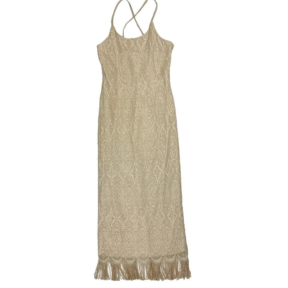 Vintage Roberta Gold Metallic Crochet Lace Dress Criss Cross Back Fringe Hem 11
